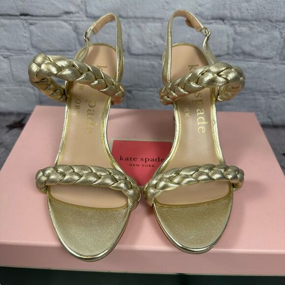 Kate Spade Saffron Heels Sandals Metallic Gold Braided in Pale Gold 6B NWT - Picture 2 of 6